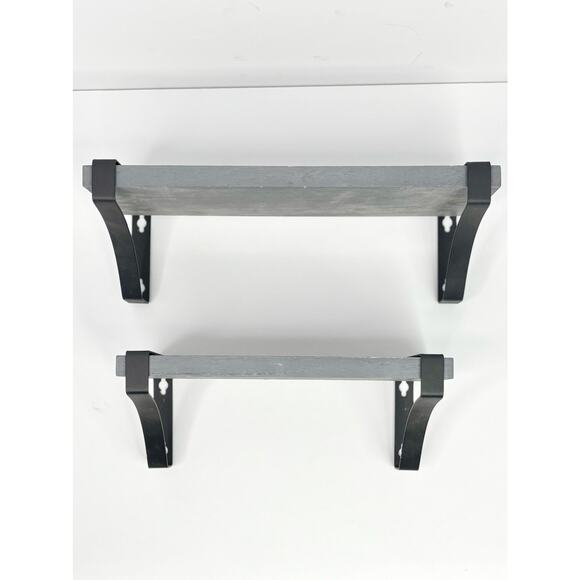 Set of 2 Gray Wood Wall Shelves w/ Black Metal Brackets 13" & 10" - Picture 2 of 7